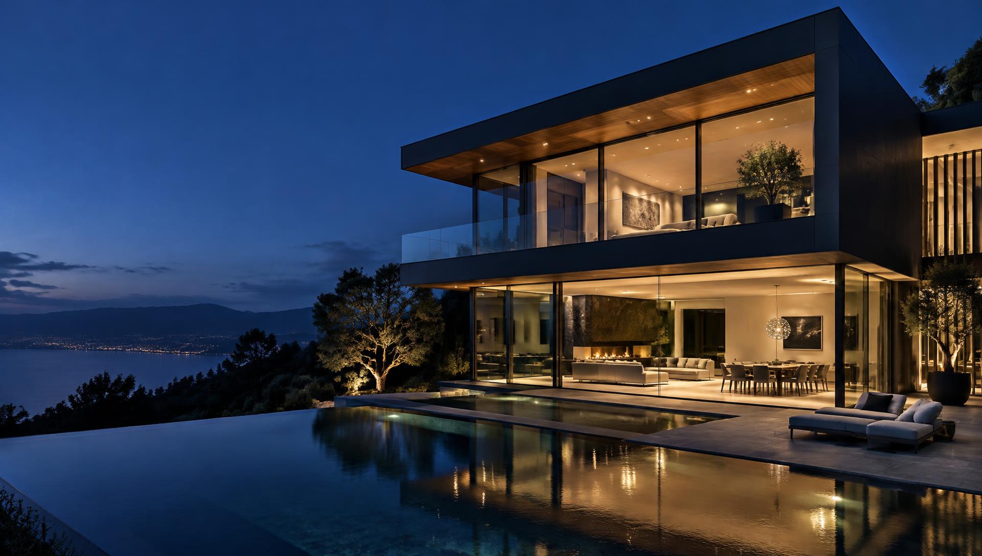 Contemporary luxury home with illuminated floor-to-ceiling glass and an infinity pool at dusk